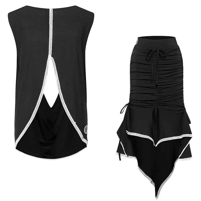 Latin Dance Zwarte Losse Kiel Backless Tops Onregelmatige Rokken Prestaties Kostuums Chacha Rumba Tango Volwassen Latin Jurk DN20580