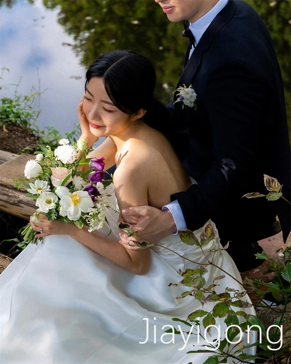 Personalizado Corea exquisito A-line fiesta de boda espalda abierta tul Organza gasa hasta el suelo cepillo de barrido personalizado