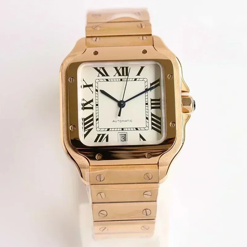 علبة ميكانيكية للرجال من الفولاذ المقاوم للصدأ مربعة 38 ملم، مينا أزرق، ساعة هدية أوتوماتيكية للتاريخ، مقاومة للماء