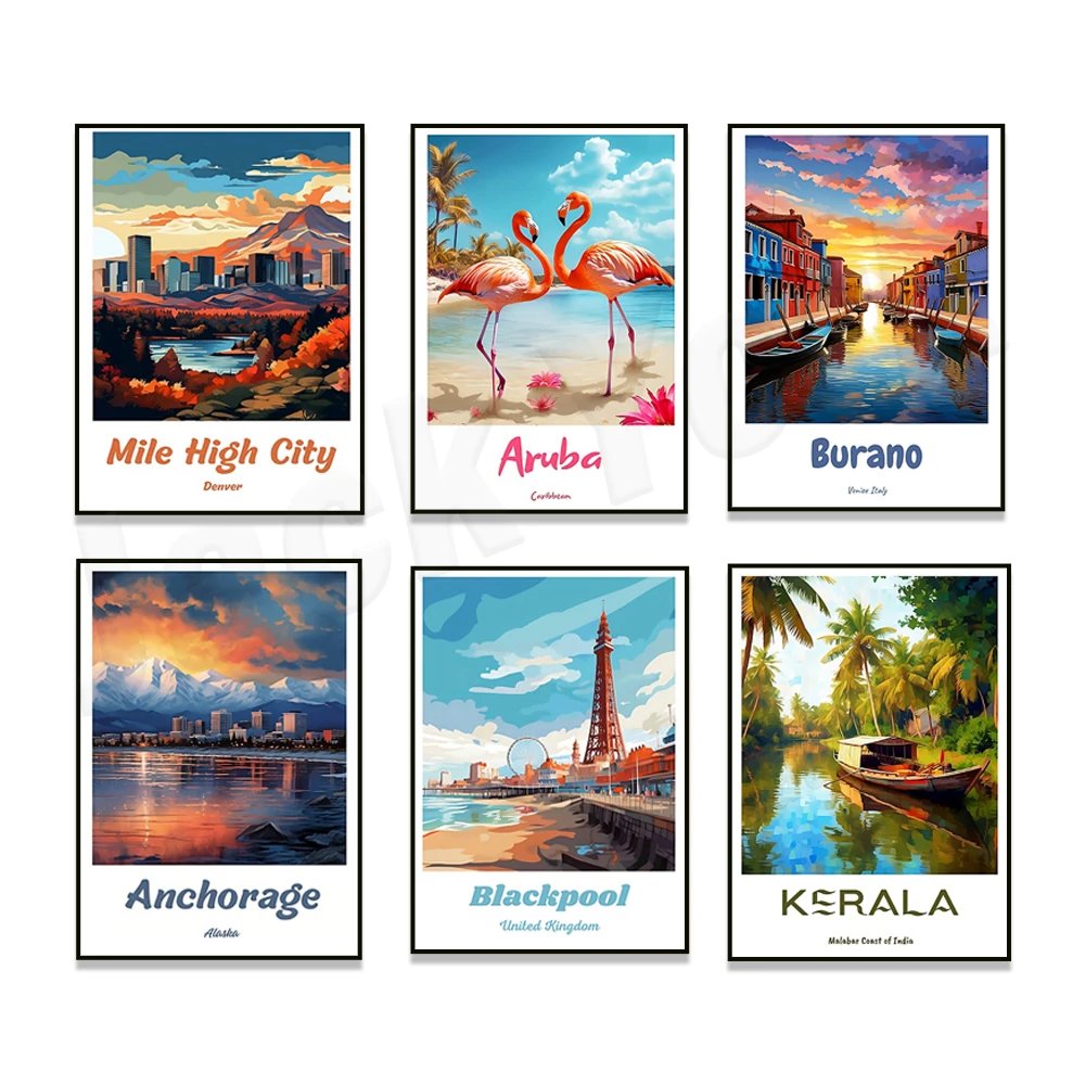 Toscana, Nottingham, Blackpool, Denver, Aruba, San Aguustina, Kerala, Anclaje, Burano, Lucca, Palermo Sicilia carteles de viaje