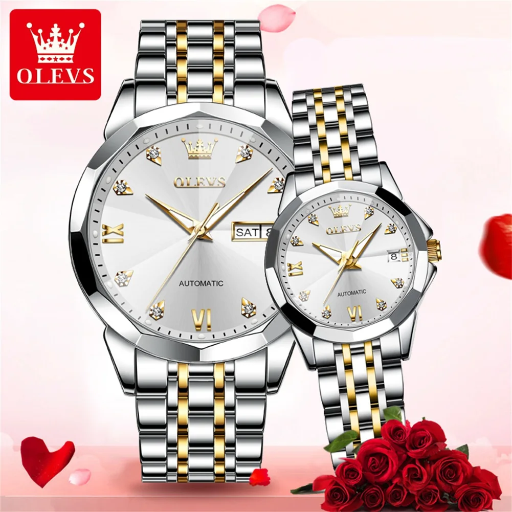 OLEVS Couple Watches Casual Fashion Automatic Mechanical Wristwatch for Lover Waterproof Luminous Date His and Her Watch Valenti