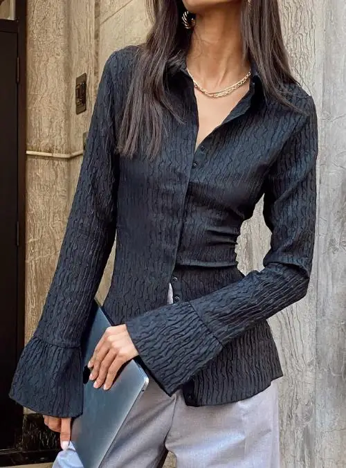 

Autumn New Style Lapel and Waist Button Cotton Linen Pleated Fabric Diamond Print Single Breasted Slim Fit Trumpet Sleeve Shirt