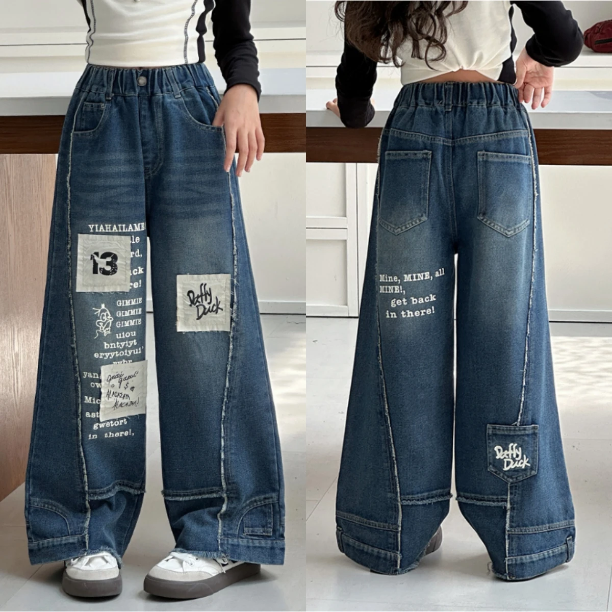 

Hot Sale Girls Spring Autumn Fashion Jeans Child Patchwork Wide Leg Loose Denim Pants Kids Casual Cool Straight Long Trousers