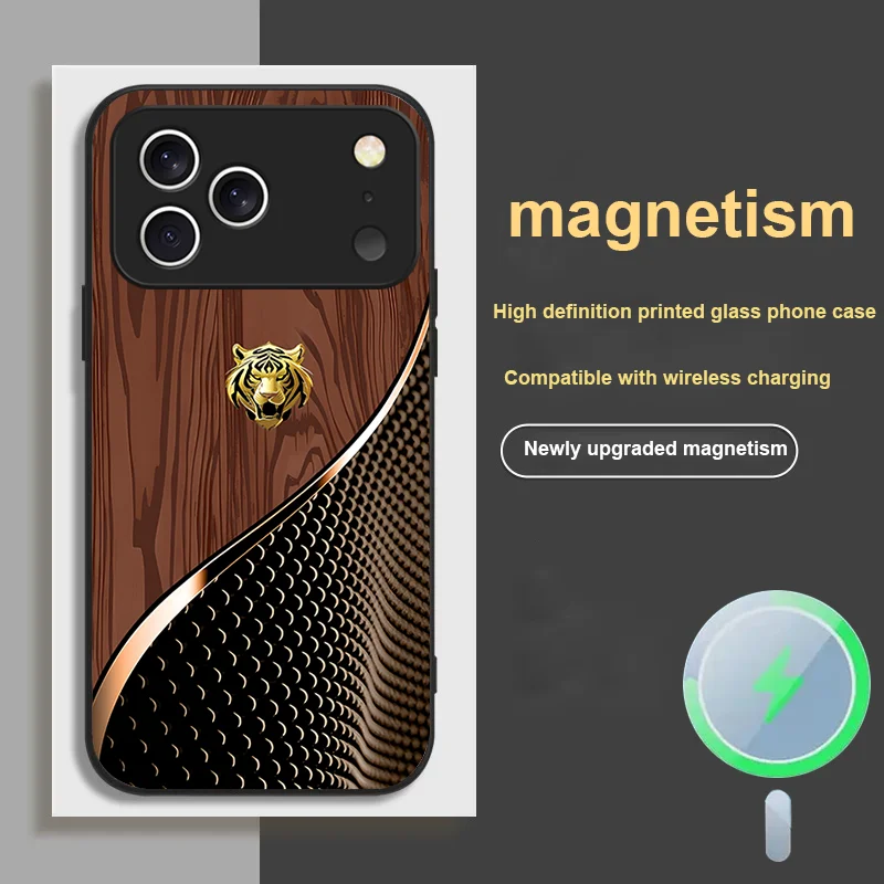 

For iPhone 17 Pro MAX AIR magnetic glass phone case with wood grain splicing tiger head
