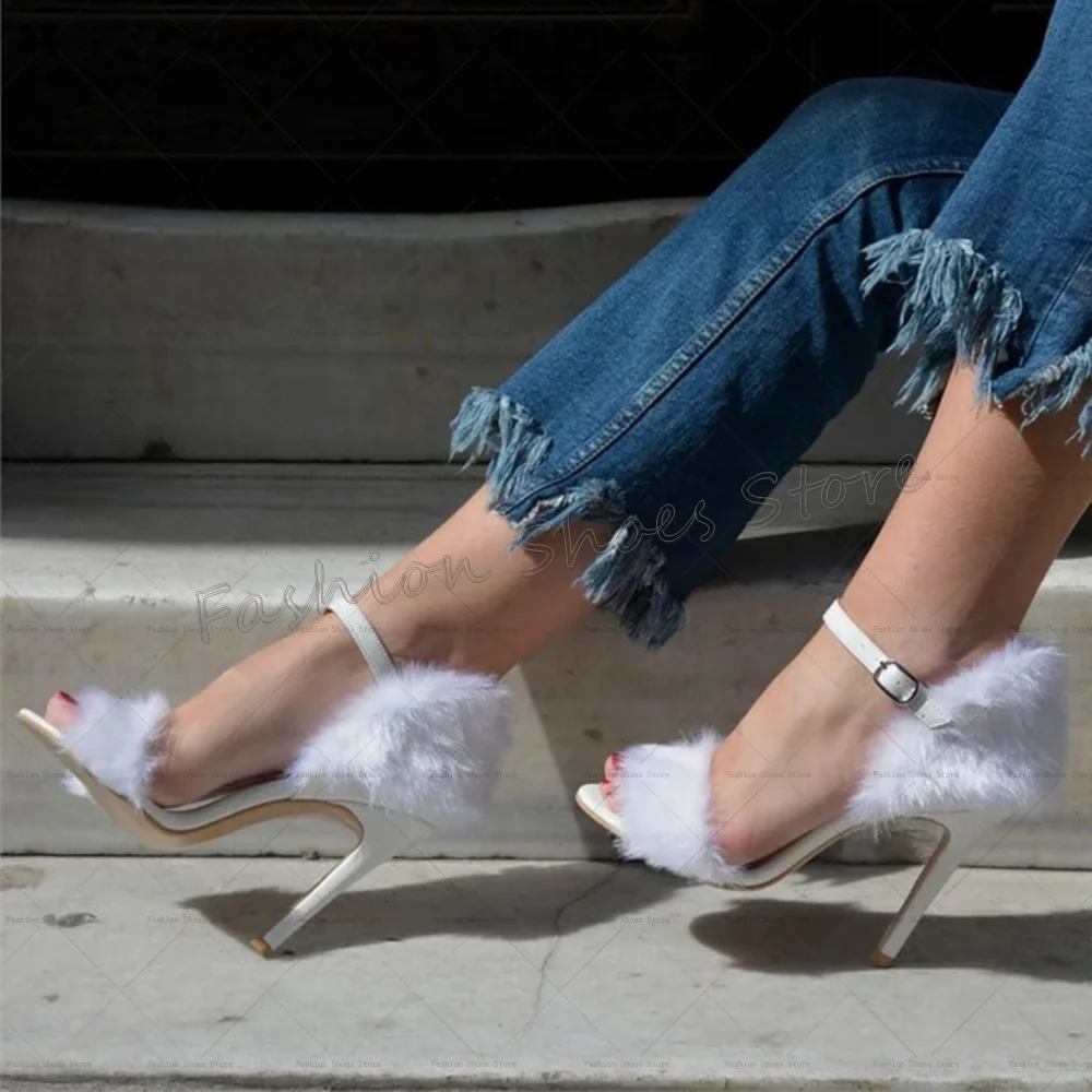 

White Fur Decor Open Toe Sandals Round Toe Thin High Heels High Heel Shoes for Women Fashion Heels 2025 New Zapatos Para Mujere