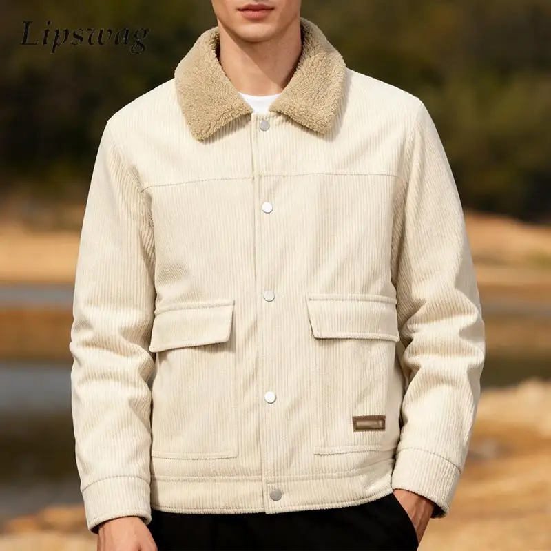 

Winter Thickened Warm Fleece Liner Jacket Men Stylish Buttoned Lapel Patchwork Corduroy Coats Mens 2026 Spring Trendy Outerwear