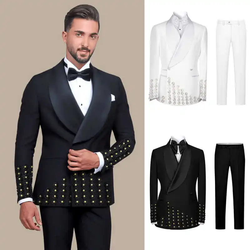 

Luxurious Men Suits 2 Pieces Jacket Pants Shawl Lapel Double Breasted Wedding Tuxedo Beading Pearls Coat Customized