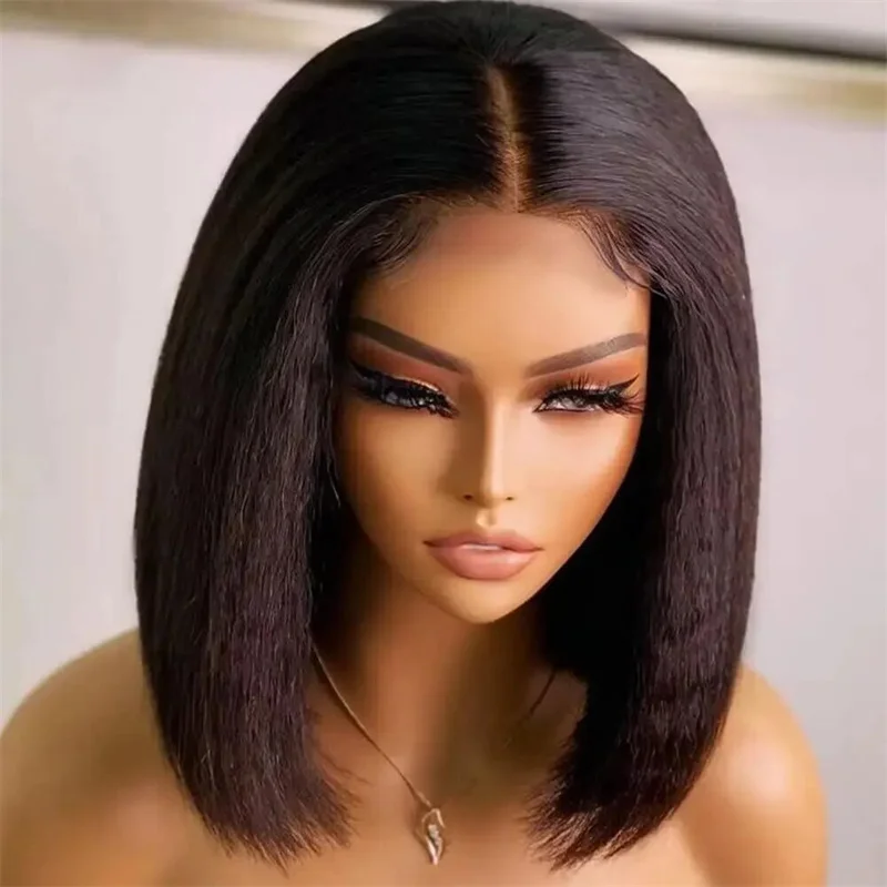 Short Cut Bob Soft Natural Black 16Inch 180% Density Kinky Straight Lace Front Wig For Women With Baby Hair Preplucked Glueless