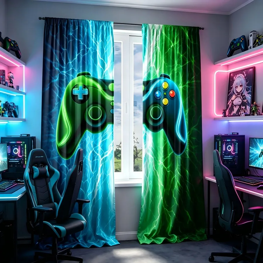2PCS Digital Print  Curtain, Blue Green Gradient Controller, Modern Home Decor  Curtain for Bedroom Living Room