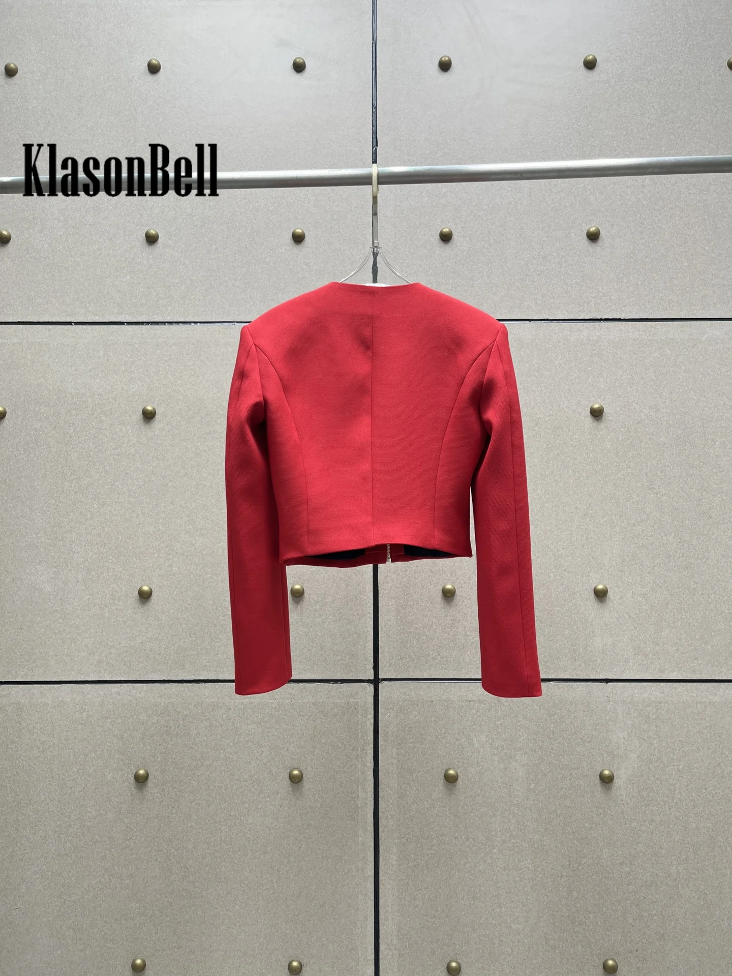 8.12 KlasonBell Women Fashion Temperament Shoulder Pads Zipper Red Jacket Office Lady All-matches O-Neck Pocket Design Coat