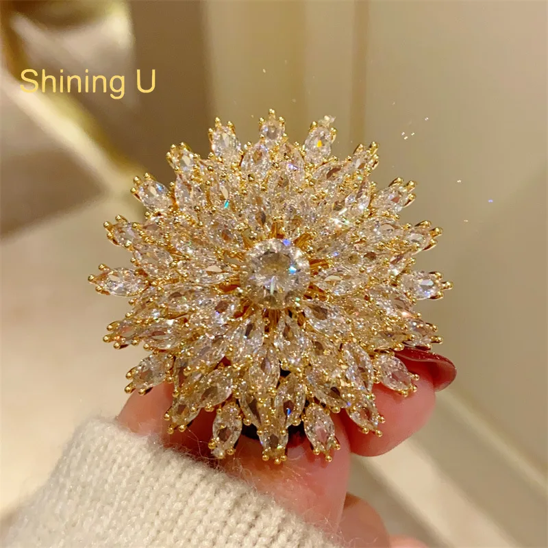 

Shining U Full Zircon Gems Snowflake Brooch for Women Men Fashion Accessory Gift