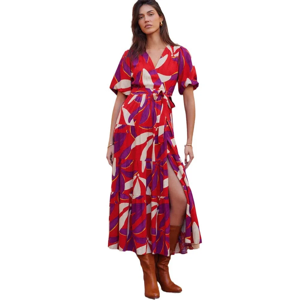 

Summer Flower Print Long Dresses Women Bohemian Style V-neck Short Sleeves Leace-up Maxi Dress Fashion Lady Vacation Vestidos