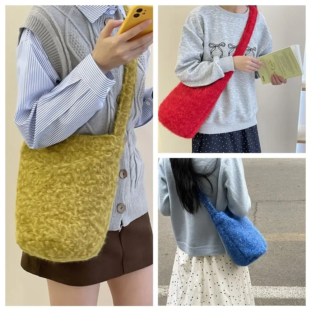 

Crossbody Bag Vintage Plush Bucket Bag Cute Sweet Wool Tote Bag Woolen Large Capacity Shoulder Bag Female
