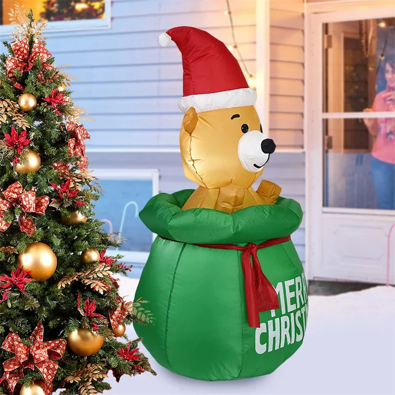 5FT Christmas Inflatable Decoration Bag Bear with LED Lights Air Inflated Model Outdoor Home Xmas Decor Festival Supplies Toys