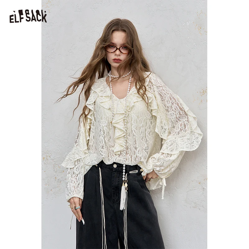 

ELFSACK 2025 Autumn New Arrival Sweet Lace Trim Shirt See Through Layered Blouse Semi Sheer Top For Woman