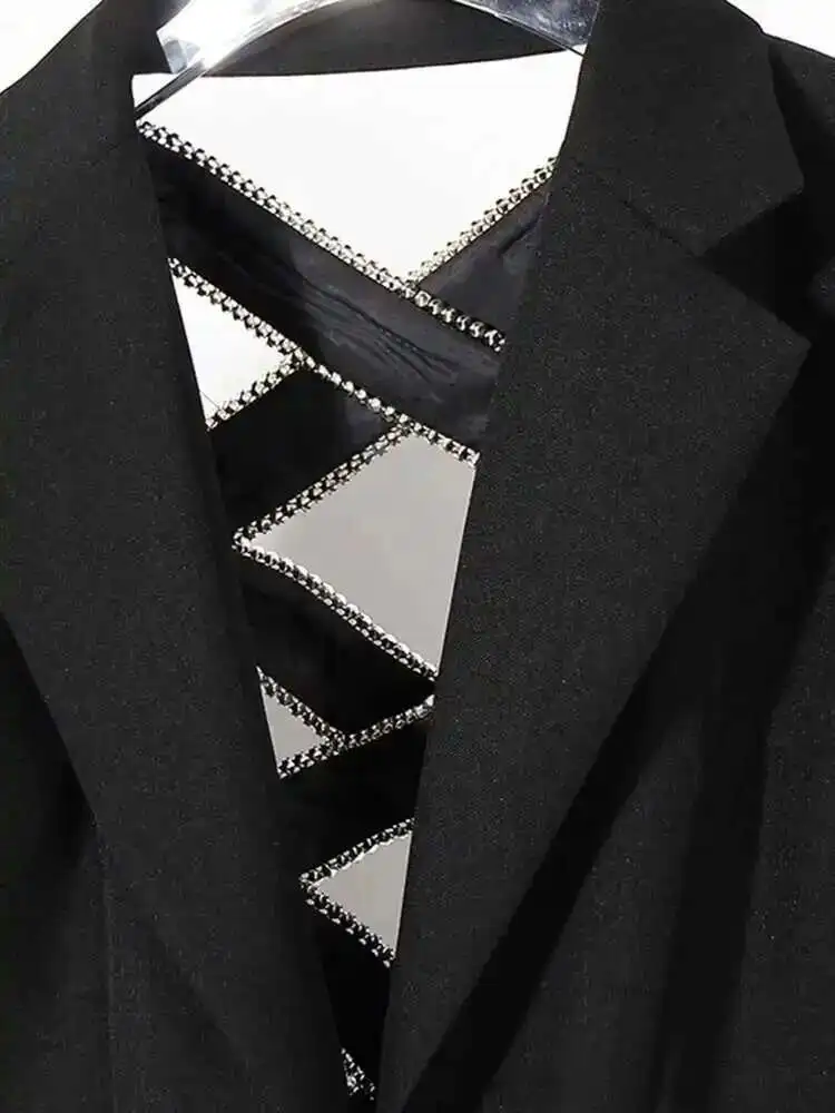 Designer Black  Bow Hollow Out Rhinestones Blazer Women New Lapel Long Sleeve Loose Fit Jacket Fashion Spring Autumn 2025 пид
