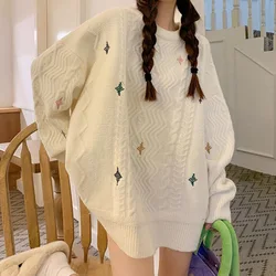 Japanese Retro Cute Sweater Women's Autumn Winter Loose Thickened Knitted Top Temperament Sweet Star Embroidered Pullover