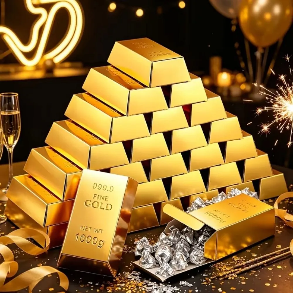 Deco Shiny Gold Paper Fake Gold Bar Decorative Golden Bar Candy Box Party Favor Thickened Treat Boxes Window Photography Layout