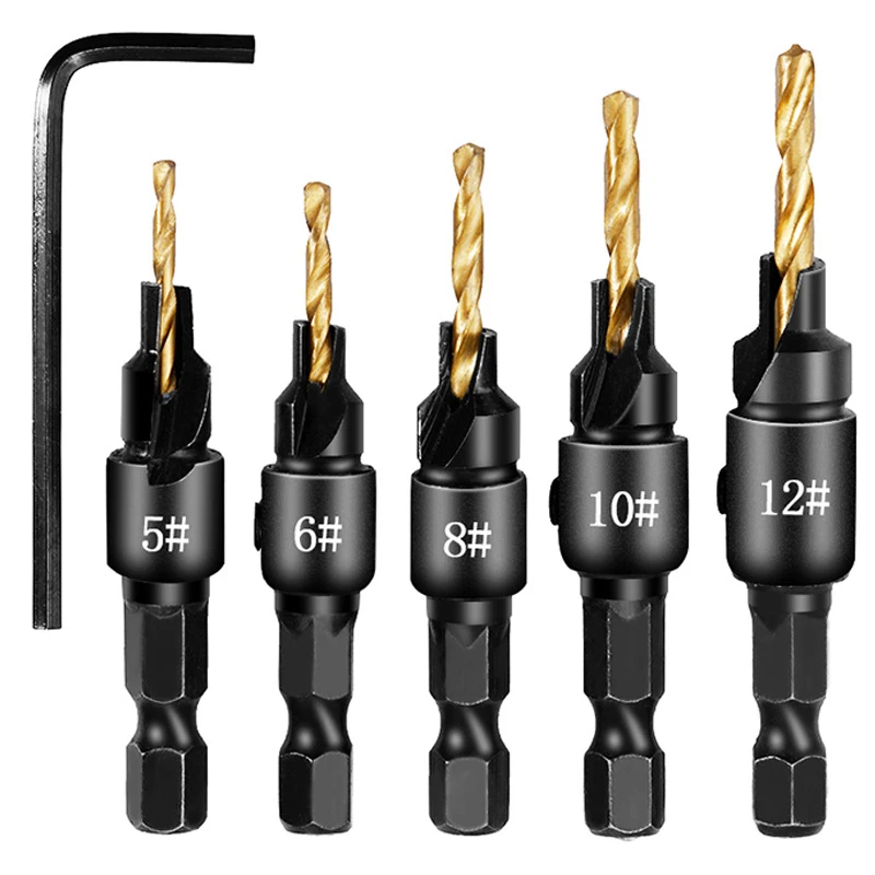 5 pezzi di pasta fritta colpi di scena trapano manico esagonale lavorazione del legno maschiatore vestito svasatore trapano smusso perforazione trapano integrato