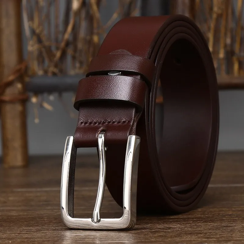 33CM wide through-dyed stainless belt men's leather needle top layer simple smooth finish formal