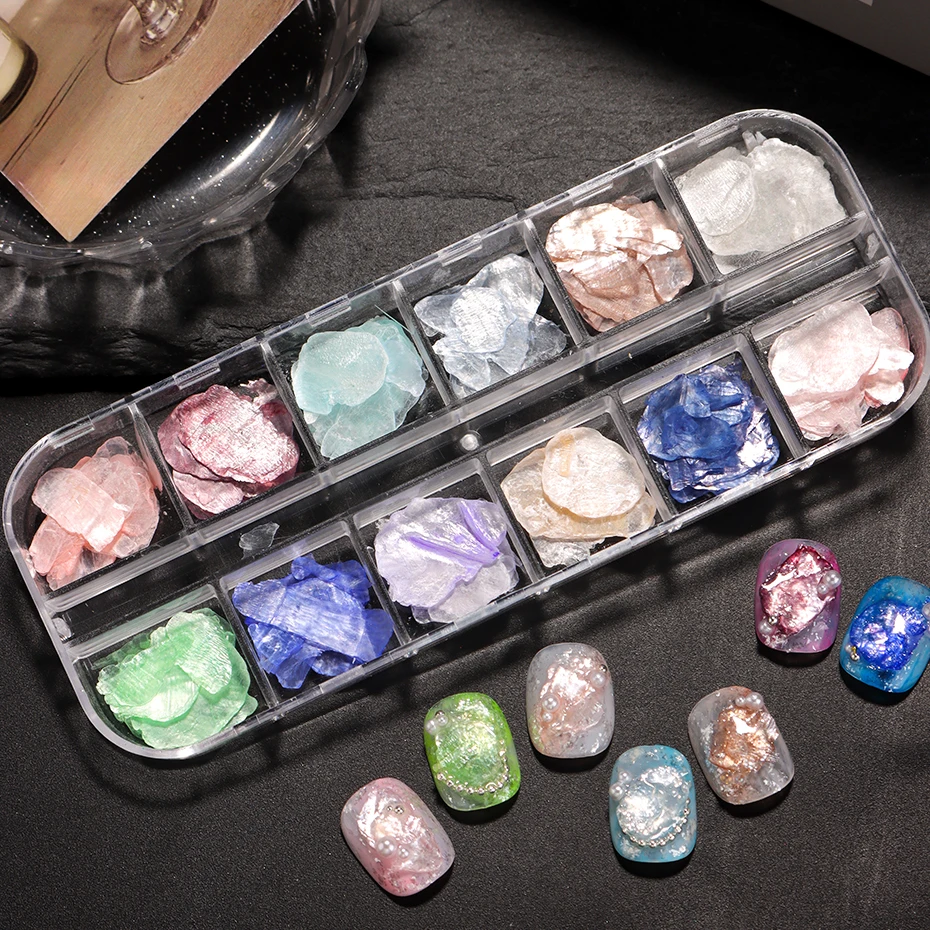 12 Gitter Seidenmatt-Muschelschalen-Flocken, schillernde dünne Muschelscheiben, Opal-Muschelfragmente, Nageldekoration, 3D-Glitzer-Pailletten für Maniküre – Detail 11