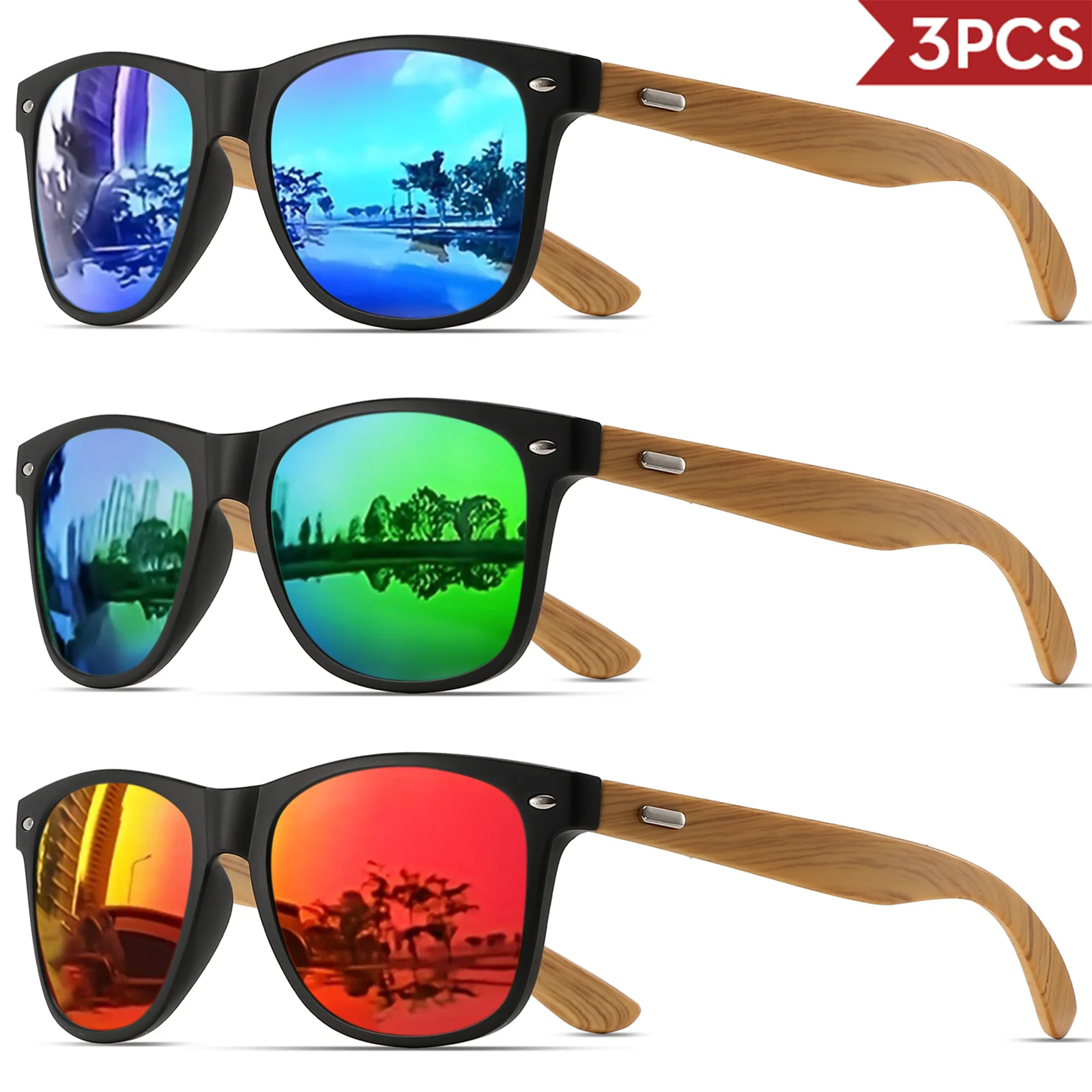 3PCS Bamboo Texture Square Sunglasses UV400, Fashion Unisex Classic - Lightweight for Casual Wear & Holidays