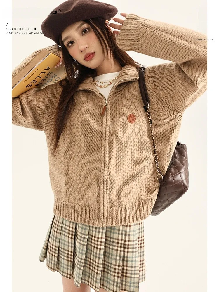 

Женский вязаный свитер с воротником на молнии, облегающий топ, однотонный, осенний, для повседневной носки, бренд Yang Bubble