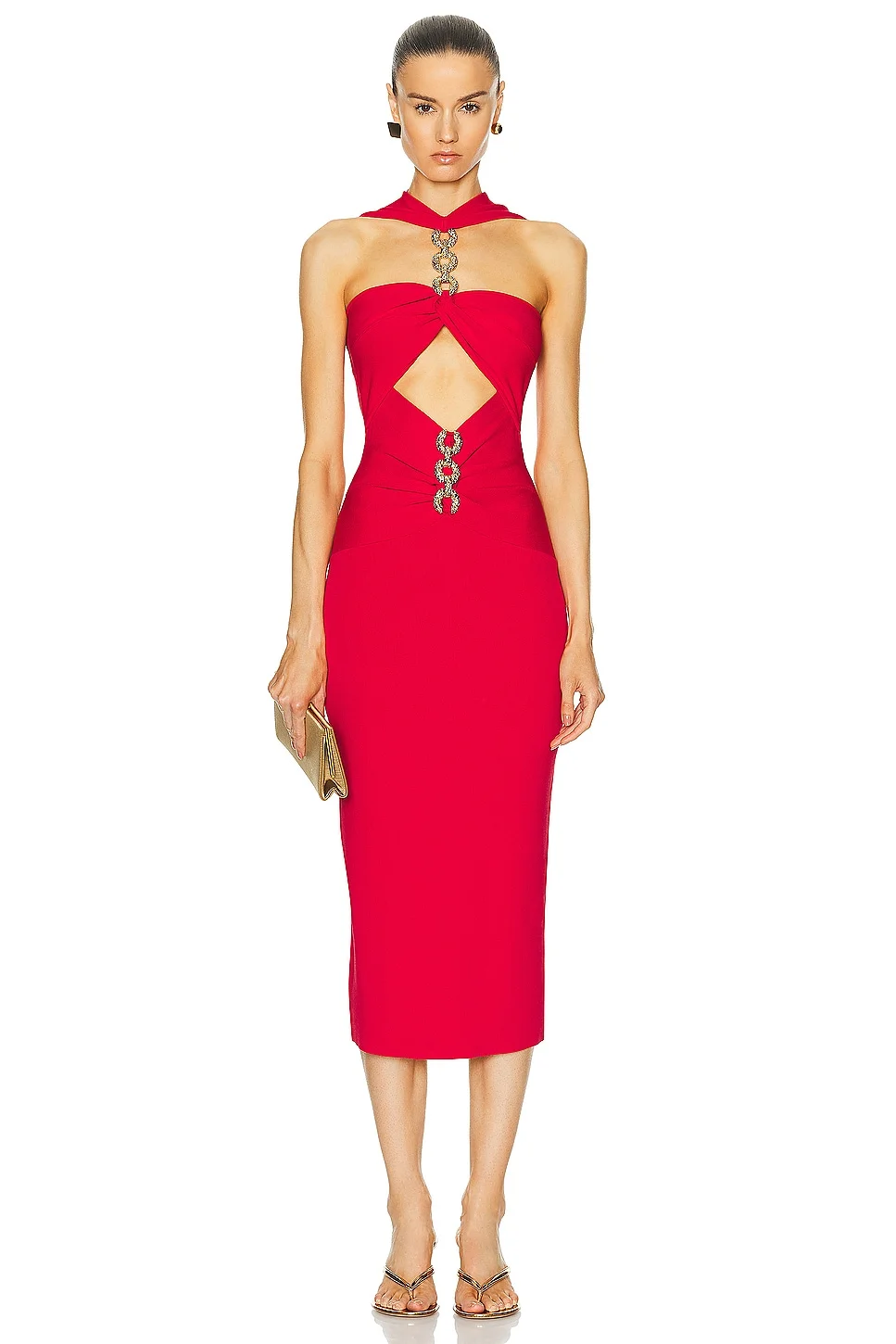 Vestido de fiesta de noche de alfombra roja de celebridad para mujer, Color rojo, Halter Sexy, hombros descubiertos, vendaje Bodycon, vestido de media pantorrilla, venta al por mayor