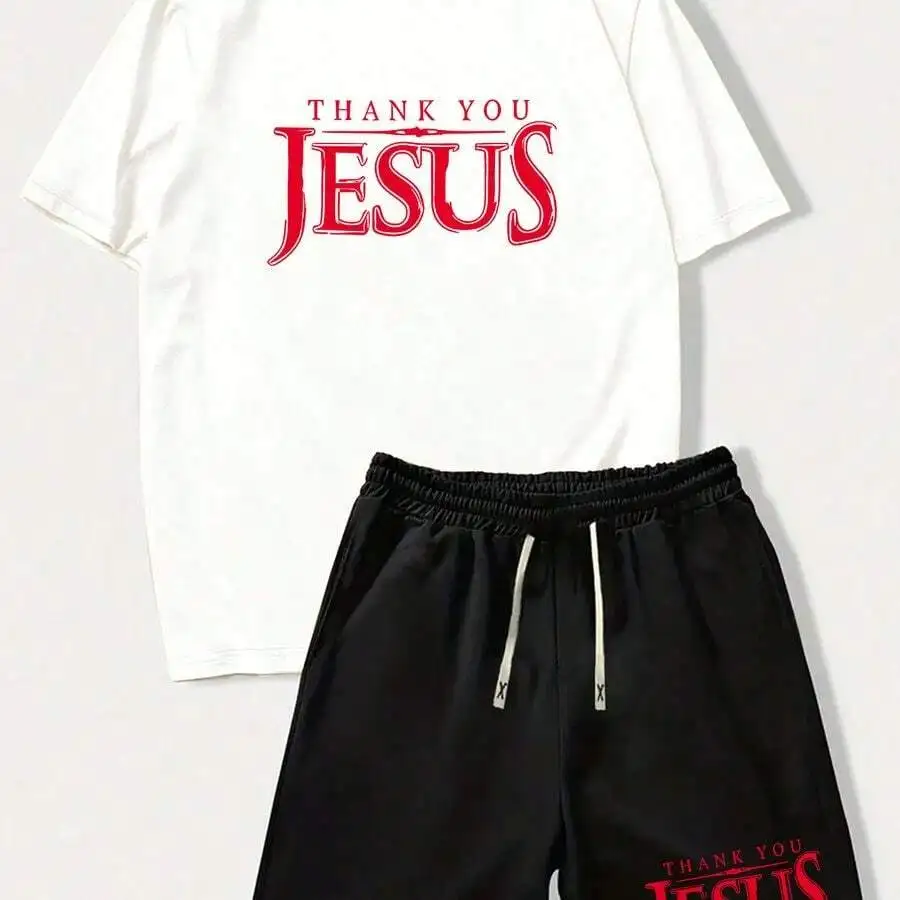 

Mens Casual Two-Piece Set T-Shirt And Shorts With Thank You Jesus Print