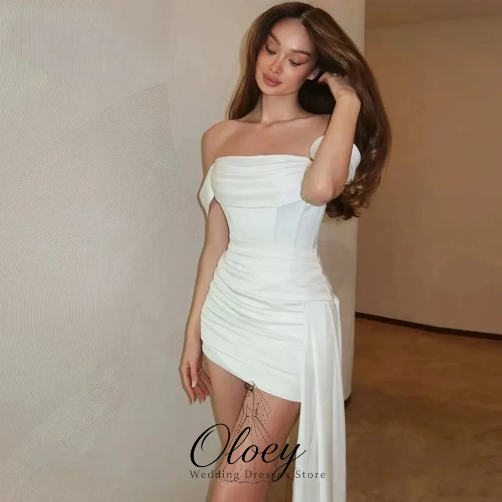 OLOEY Chic Ivory Off The Shoulder Satin Bridal Gown Short Sleeve Drape Side Long Sash Mini Wedding Party Dress Customized