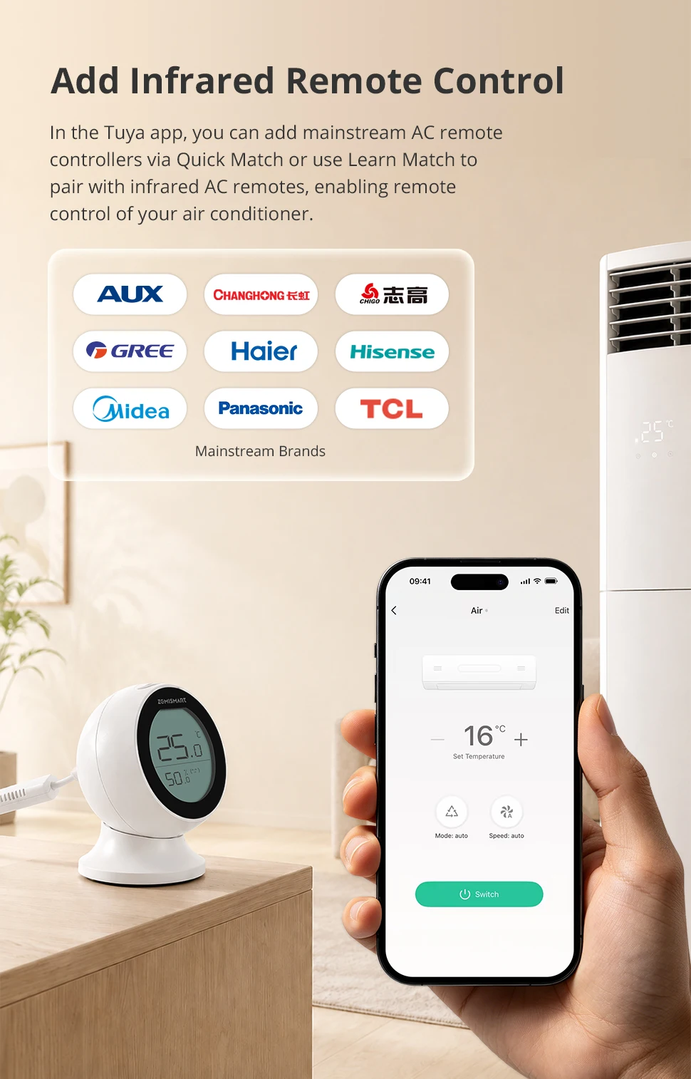 Zemismart Matter WiFi IR-Thermostat mit LCD-Bildschirm T&H-Sensor Intelligente Infrarot-Fernbedienung für Klimaanlagen Unterstützt Tuya Share to Homekit – Detail 6