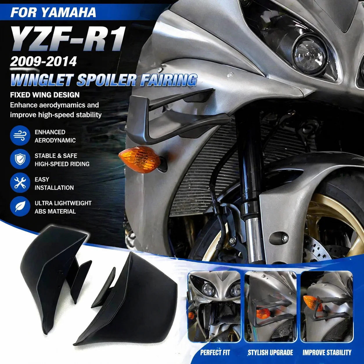 

For Yamaha YZF-R1 2009-2014 Motorcycle Accessories ABS black Winglet Spoiler Fairing Fixed Wing R1 Ultra Light wings fairing