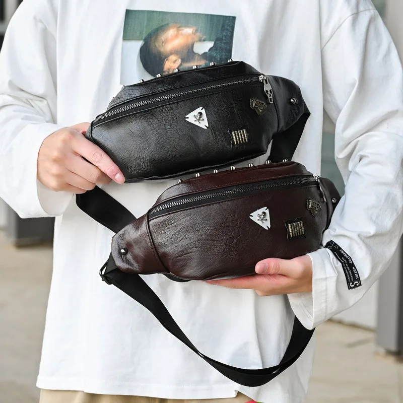 New Punk Skeleton Leather Waist Small Chest Bag Korean Fashion Men's Crossbody Bag Outdoor Leisure Shoulder Bag Rear Backpack