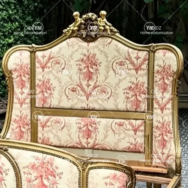 French Retro Solid Wood Double Bed Medieval Carved Princess Style Wabi Sabi Upholstered Fabric Single Bed Frame
