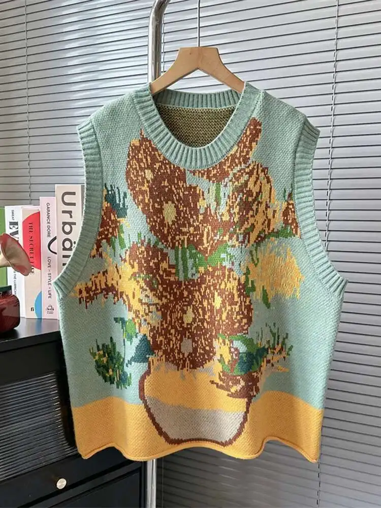 

Vintage Oil Painting Sweater Vest Women Contrast O-neck Elastic Pullovers Knit Tank Spring Autumn Big Size Tops