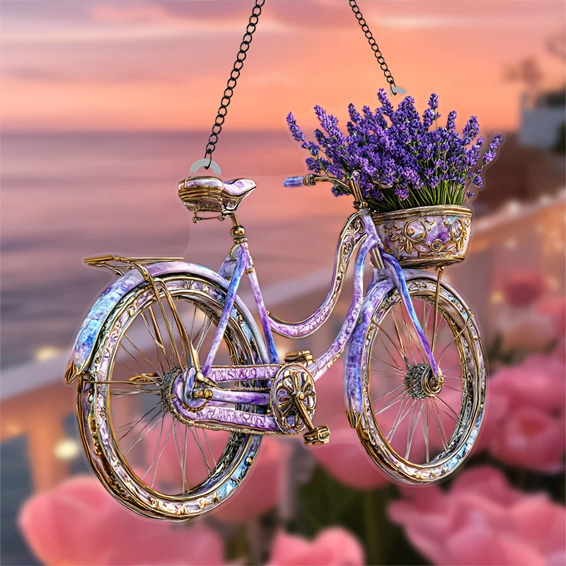 1Pc Enchanting Lavender Bicycle Light Catcher 8 Inches X 8 Inches With Flower Basket Perfect For Home and Garden Decoration