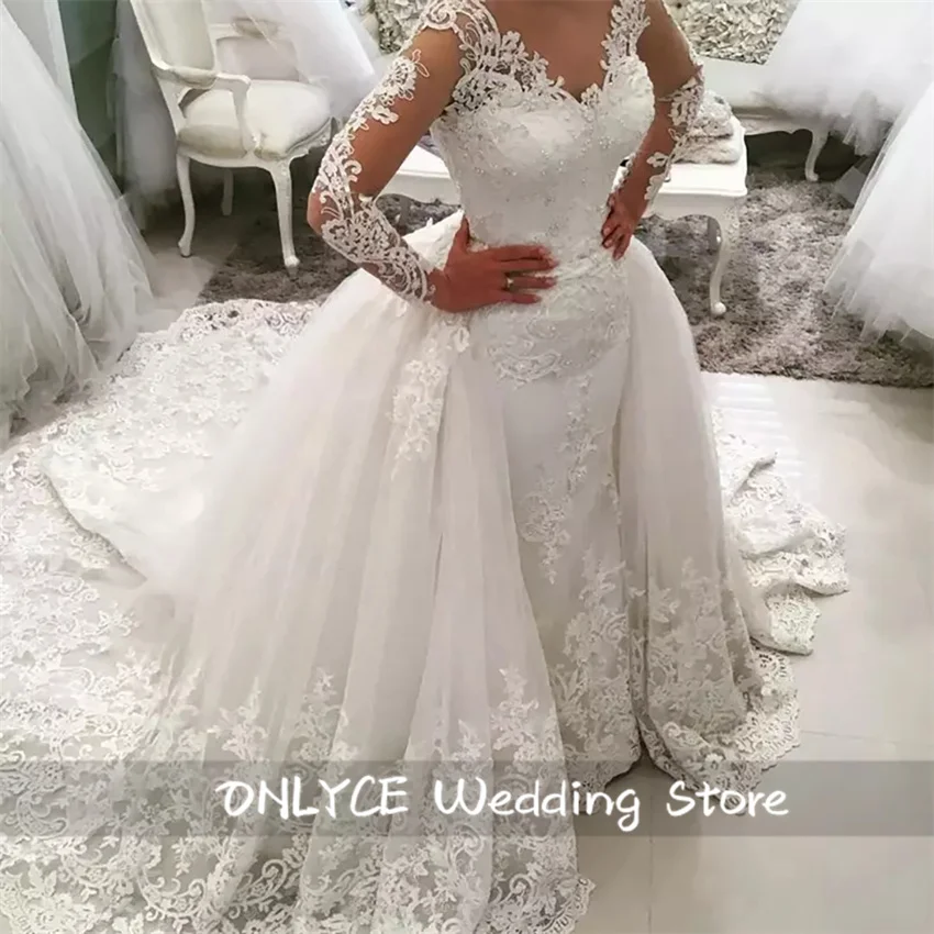 

Gorgeous Tulle Mermaid Wedding Dress Luxury Woman Elegant Lace Appliques Bridal Gowns Long Sleeves Vestido De Noiva Customized