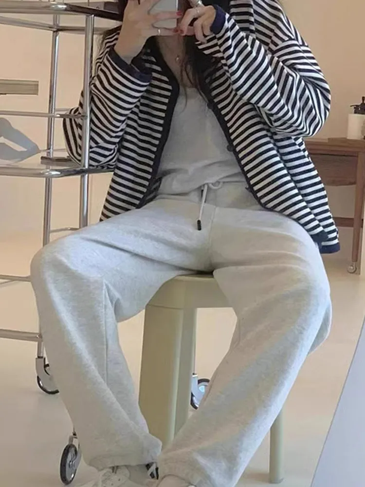 ストライプニットカジュアルロングスリーブレディースカーディガンファッショナブル通勤スレ韓国版エイジルレジャーアウターウェア