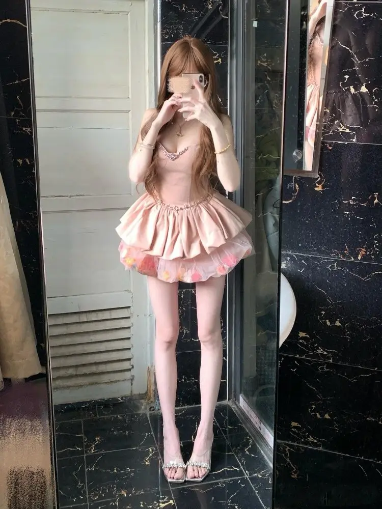 Princess Sweet Slim Waist Heavy Industry Suspender Dress Summer Sweet Spicy Girl Low-cut Mesh Flower Bud Dress Y2k Mini Dress