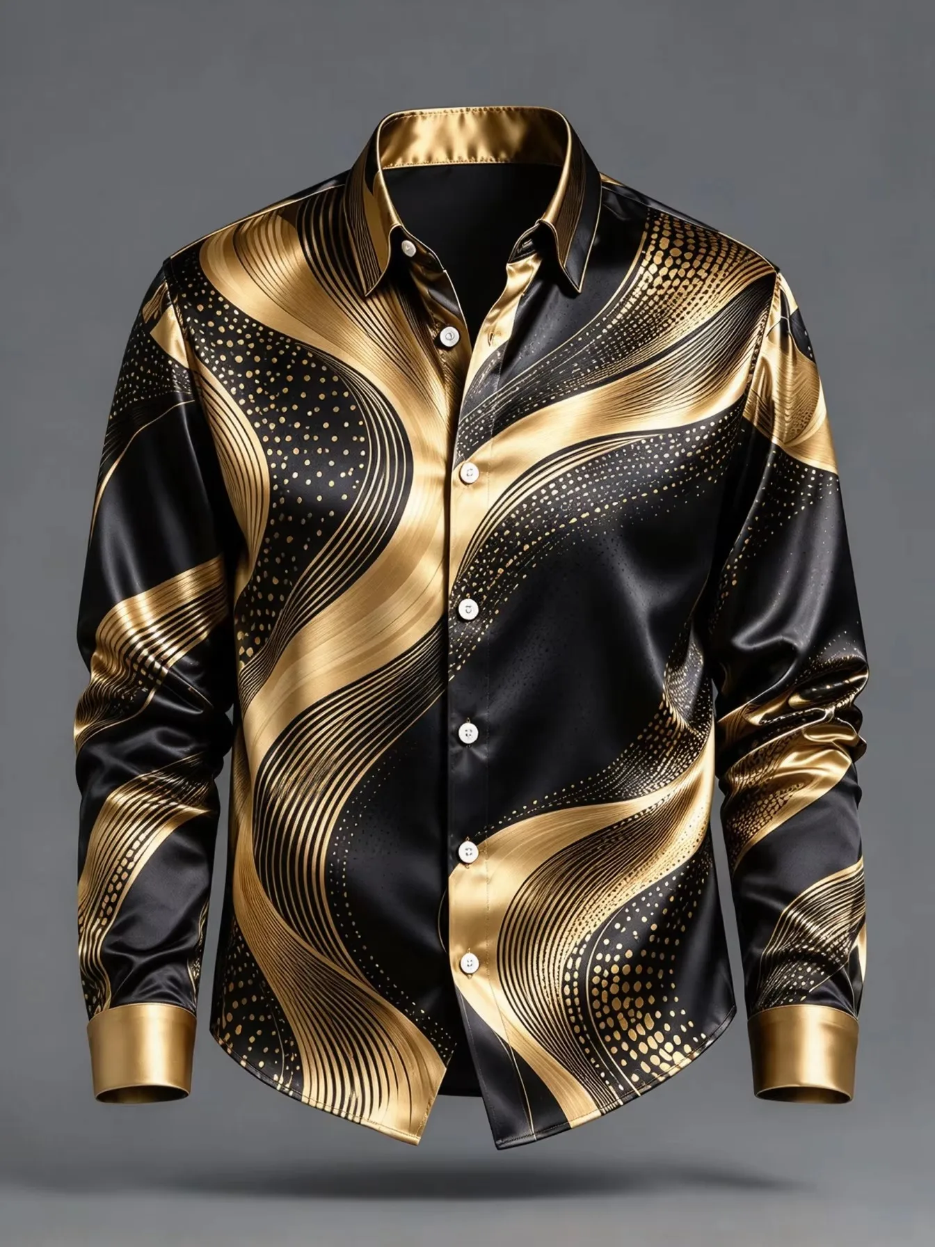 Men’s Long-Sleeve Fashion Shirt for Fall 2026 Black and Gold Abstract Wave Print Collared Button-Down Formal Party Dress Shirt