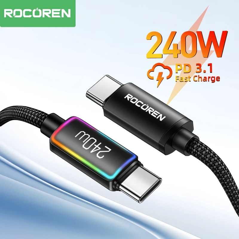 Rocoren 240W PD 3.1 Kabel USB typu C z podświetleniem RGB QC 3.0 Szybkie ładowanie USBC Typ-C Przewód daty do iPhone Samsung Laptop iPad