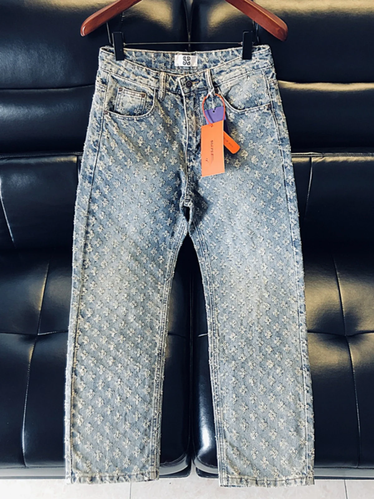 

Loose Fit High Quality Men's Jeans Spring Autumn Trendy Design Small Hole Embroidery Wide Leg Straight Cut Pants