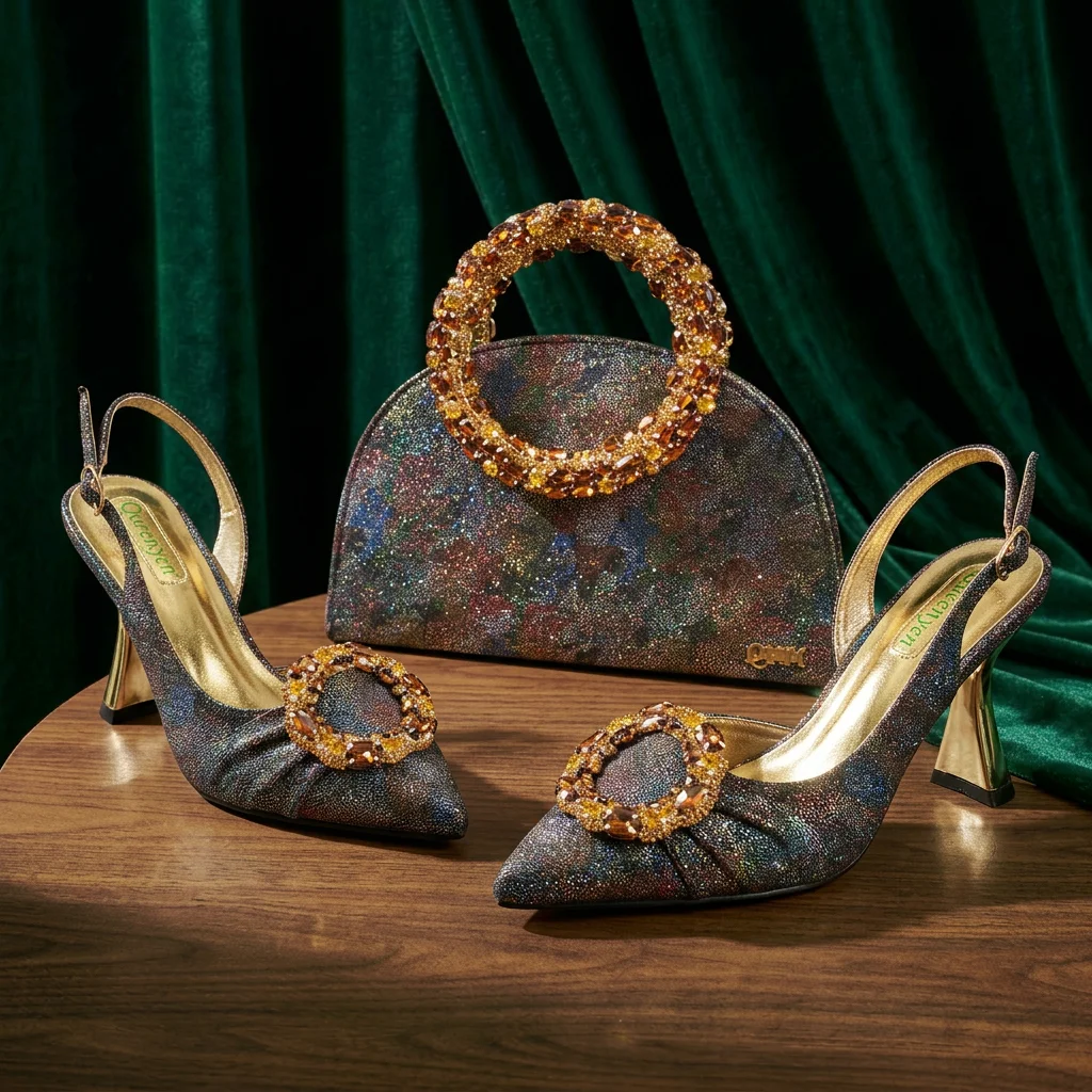 Multicolor Glitter Rhinestone Ring Handle Evening Clutch And Women High Heels Shoes Set Wedding Party Matching Bag