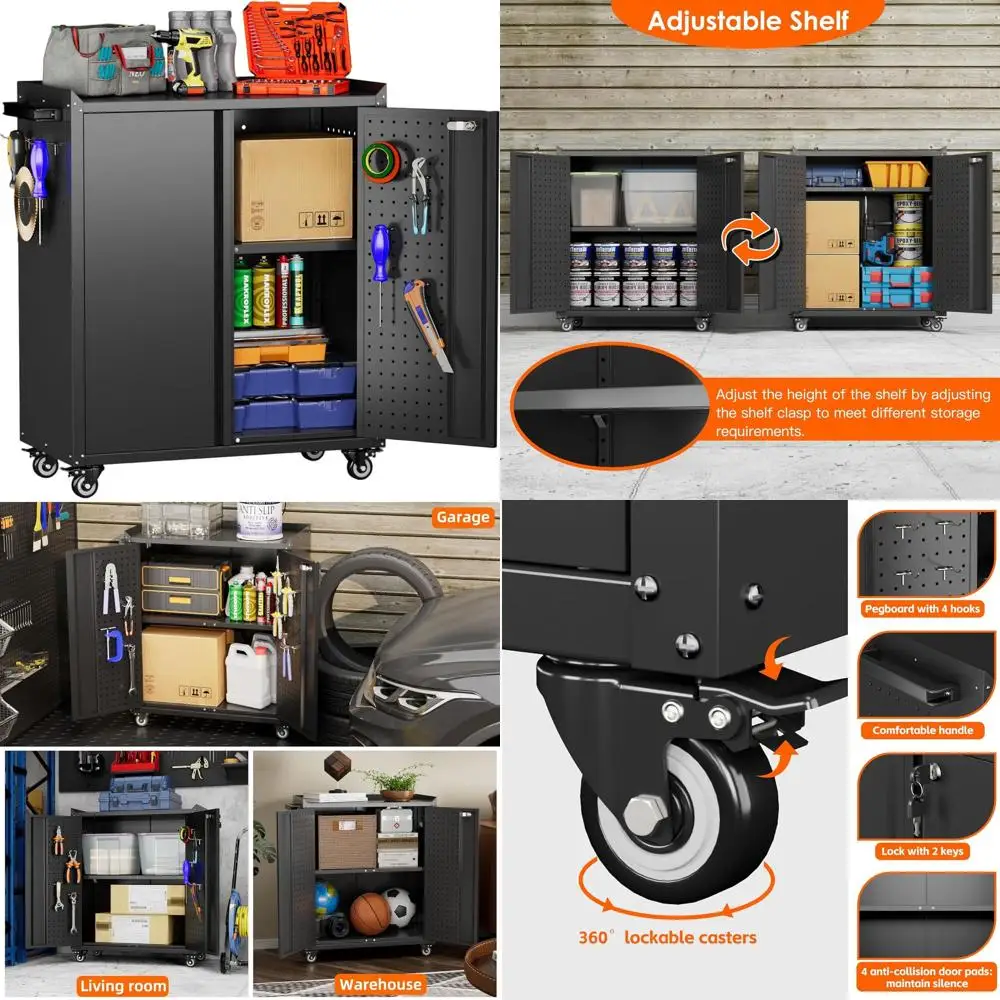 

Портативный стальной инструментальный шкаф с 2 дверцами и колесами, запираемый передвижной ящик для хранения для гаража с 1 полкой, требуется сборка