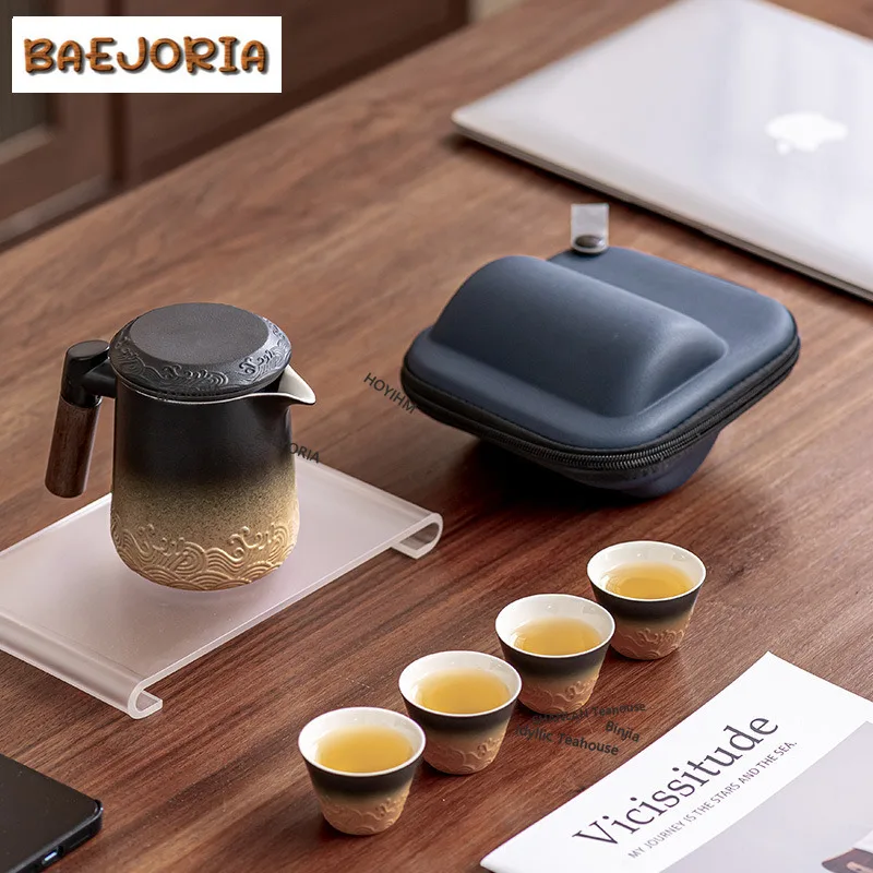 BAEJORIA Creative Wave Poatable Travel Tea Set Kit Luxury 1 Pot 4 Cups Household Tea Making Filter Handle Mug Camping Stock Bags