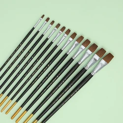 Long wooden pole horsehair flat head oil brush, suitable for gouache watercolor acrylic oil painting, wooden brush tool