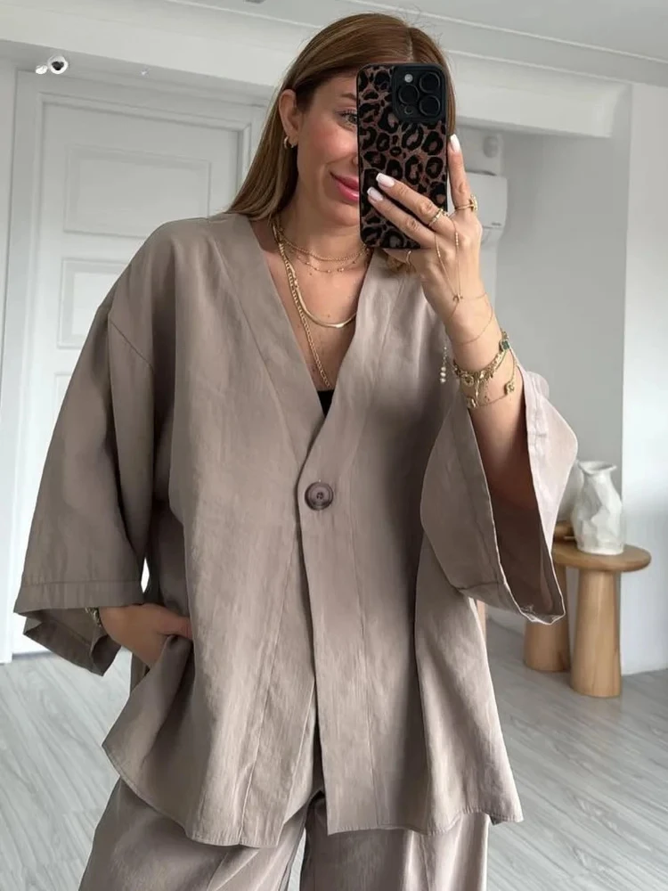

Casual Loose V-neck Solid Pants Set Women Cotton Linen Half Sleeved Top Wide Leg Pants Suit Lady Button Holiday Outfit New