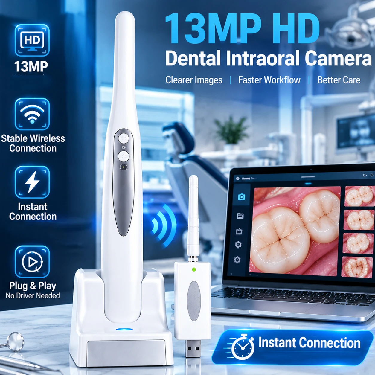 CE Certified13MP Intraoral Camera Dental Intra Oral Camera Wireless Wifi Endoscope Smart Focus 1080pHD Tooth Camera for Computer