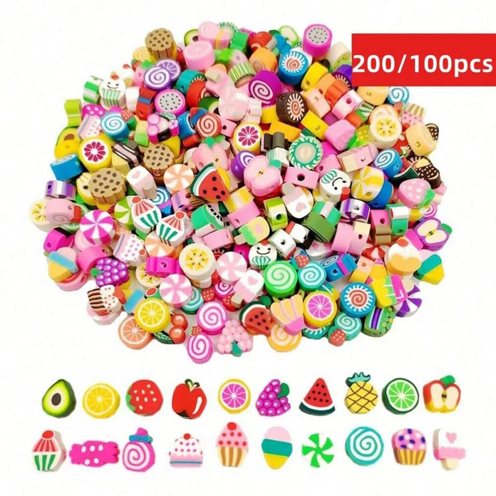 Conjunto de contas de verão de 200/100 peças de 9-11mm em estilos aleatórios, pingentes de argila polimérica para pulseira, colar e fabricação de joias.