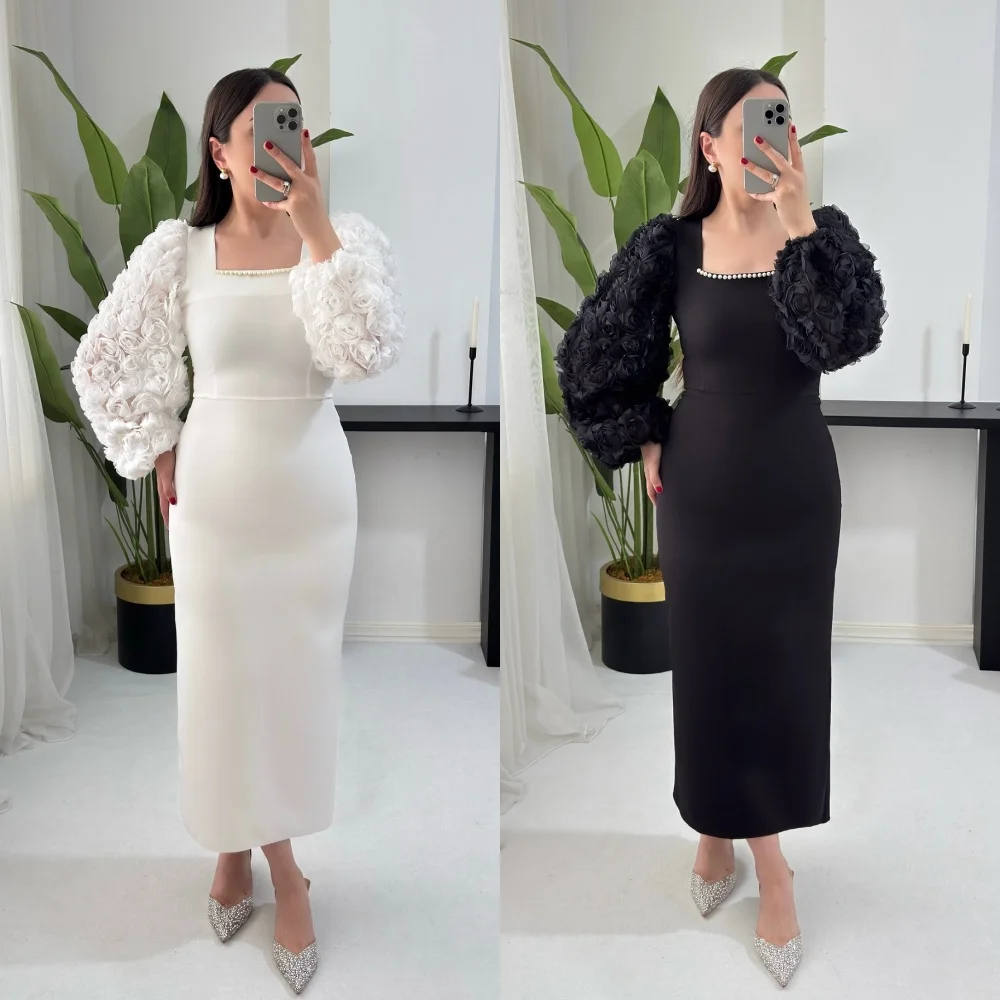 

Customized Jersey Beading Flowers Charming Square Neck Straight Midi Dresses Bespoke Occasion Elegant Party Wedding Guest